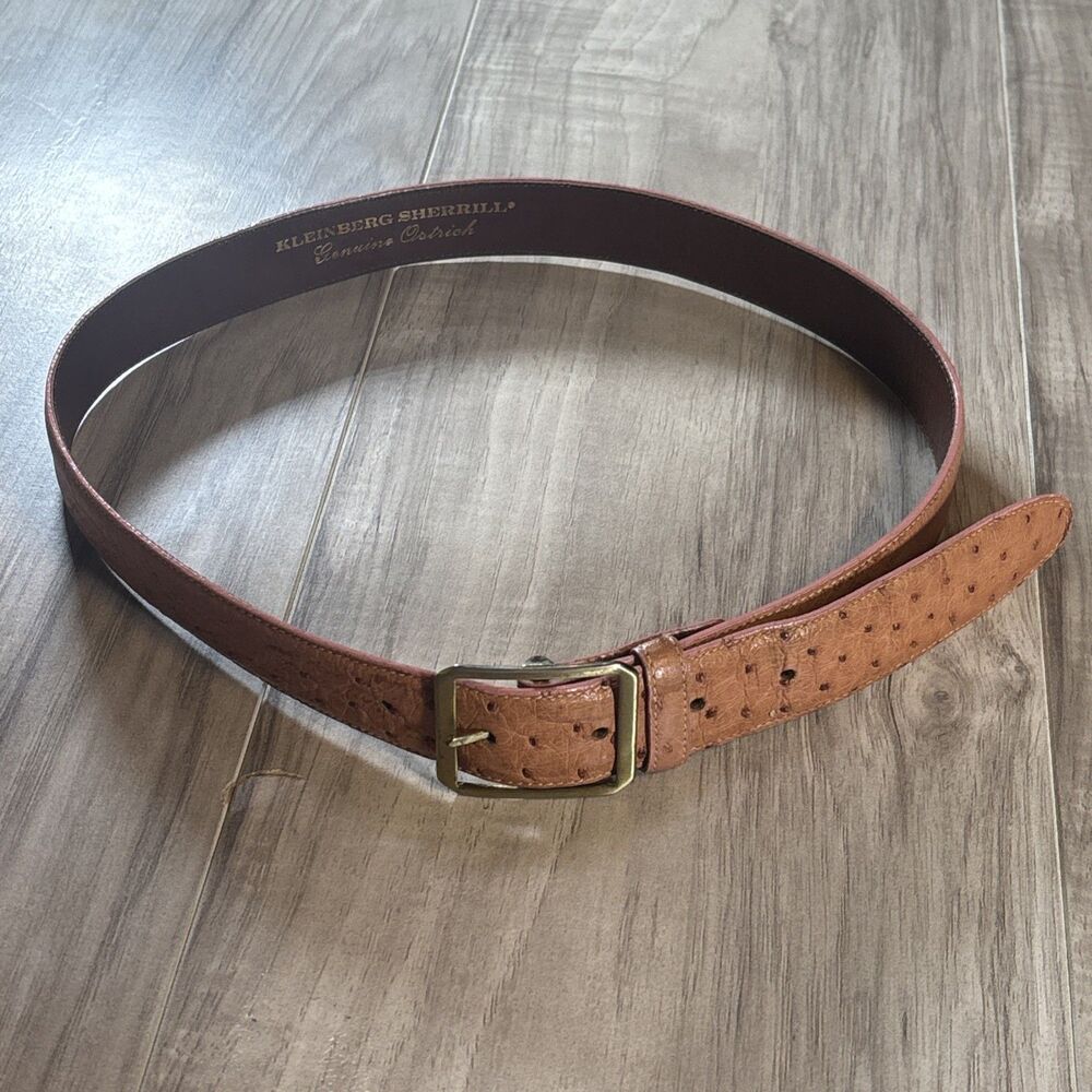 Luxury Kleinberg Sherrill Genuine Ostrich Brown and Gold Buckle Belt (MSRP $375)